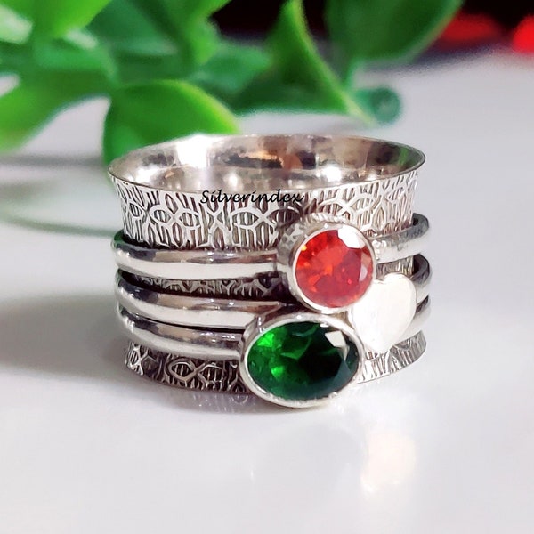 Garnet Emerald Spinner Ring, 925 Sterling Silver, Handmade Fidget Ring