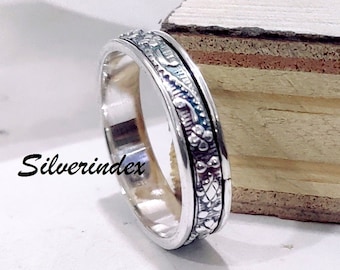 Flower Band 925 Sterling Silver Spinner Ring, Meditation Fidget Ring