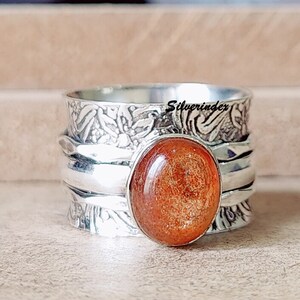 Oval Sunstone 925 Sterling Silver Spinner Ring, Handmade Meditation Band