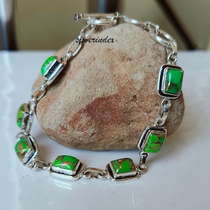 Green Copper Turquoise Link Bracelet, 925 Sterling Silver Bracelet, Handmade Bracelet, Designer Bracelet for Women, Christmas Gifts For Her