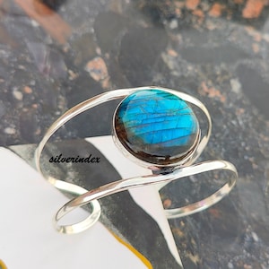 Labradorite Cuff Bangle, 925 Silver Bangle, Handmade Bracelet, Labradorite Silver Bangle, Labradorite Adjustable Bangle, Gift For Father