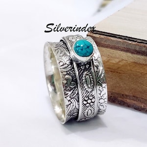Turquoise  Spinner Ring, 925 Silver Spin Ring, Flower Band Spinner, Thumb Spinner Engagement Ring, Ring For Women, Meditation Gift Item