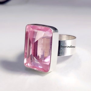 Rose Quartz Silver Ring, 925 Ring, Thick Ring, Statement Ring, Emerald Cut, Wide Band Ring, Boho Ring, Beautiful Ring, Wedding Gift, Sale