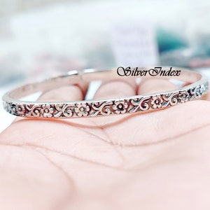 Oxidized Flower Design Sterling Silver Bangle, Bracelet For Men and Women, Thick Bangle, Bangle Jewelry, Unique Gift Bangle, Flower Bracelet