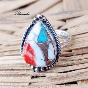 Spiny Oyster Copper Turquoise Ring, Sterling Silver Ring, Handmade Oyster Ring, Oval Oyster Ring, Beautiful Turquoise Ring  Gift For Women