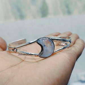 Crescent Moonstone Bangle, 925 sterling Silver Bracelet, Moonstone Adjustable Bangle, Cuff Bangle For Women, Handmade Jewelry, Gift For Her