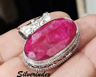 Red Ruby 925 Sterling Silver Pendant, Handmade Boho Jewelry
