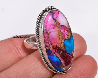Oval Pink Copper Turquoise Ring, Sterling Silver Twisted Wire Band