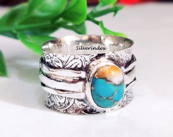 Oyster Ring, Copper Turquoise Ring, Oyster Silver Ring, Handmade Ring, Triple Band Ring, Gemstone Ring For Women, Gift For Her