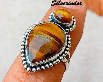 925 Silver Tiger's Eye Ring, Boho Pear Bezel Ring