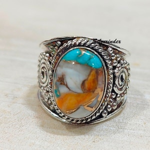 Oyster Copper Turquoise Ring, 925 Sterling Silver Oyster Handmade Jewelry Designer Boho Ring, Gemstone Ring, Gift For Her, Oval Stone Ring,
