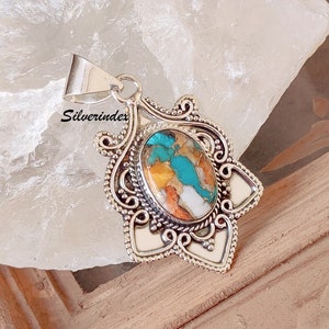 Sterling Silver Spiny Oyster Copper Turquoise Pendant, Flower Design Oyster Pendant, Oyster Jewelry Necklace, Oyster Gift Pendant For Her
