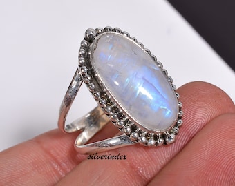 Rainbow Moonstone Ring, 925 Sterling Silver, Oval Gemstone, Bohemian Thumb Ring