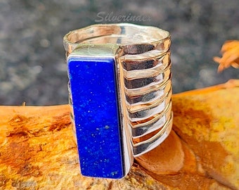 Lapis Lazuli Rectangle Ring, 925 Sterling Silver Statement Ring
