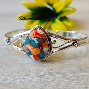 Shiny Oyster Turquoise Sterling Silver Bangle, Bangle for Women, Oyster Bracelet Jewelry, Adjustable Open Cuff Bangle, Boho Handmade Bangle
