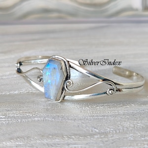 Moonstone Coffin Shape Silver Open Cuff Sterling Silver Bracelet, Rainbow Blue Flash Bangle, Coffin Shape Jewelry Gift For Her, Moon Gift..