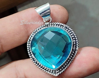 Heart Blue Topaz Sterling Silver Pendant, Handmade Jewelry