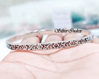 Oxidized Sterling Silver Flower Bangle, Unisex Design