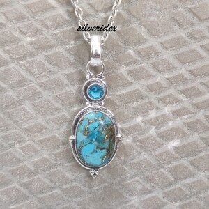 Copper Turquoise Pendant, 925 Sterling Silver Pendant, Handmade Necklace, Topaz Pendant, Designer Turquoise Jewelry, Birthday Gifts Necklace