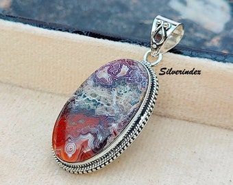 Crazy Lace Agate Pendant, Sterling Silver Boho Necklace