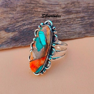 Oyster Copper Turquoise Ring, Solid 925 Silver, Boho Chunky Ring For Women, Handmade Three Band Oyster Oval Ring,  Anniversary Gift For Her