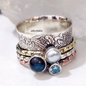 Labradorite Ring, 925 Silver Ring, Blue Topaz Ring, Three Stone Ring, Spinner Ring, Handmade Ring, Pearl Ring Women Jewelry, Meditation Ring