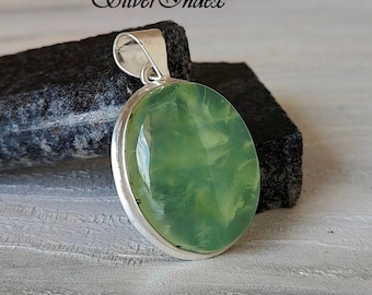 Sterling Silver Prehnite Pendant Necklace: Green Oval Stone, Handmade