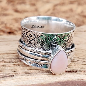 Pink Opal Ring, 925 Silver Sterling Ring, Spinner Ring, Flower Design Band, Beautiful Ring, Handmade Ring, Pink Jewelry, Meditation  Ring,