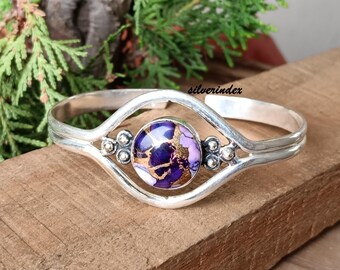 Paarse dahliakoper turkoois armband, 925 sterlingzilver verstelbare armband