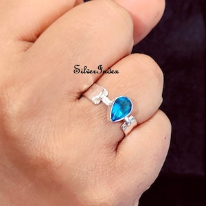 Sterling Silver Pear Shape Blue Topaz Ring For Women, Topaz Midi Ring, Ring For Girls, Handmade Ring Jewelry Gift For Her, Beautiful Ring...