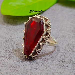 Red Garnet Coffin Ring, Handmade Ring, Solid 925 Sterling Silver Ring, Coffin Ring, Women Ring, Gift For Her Ring, Boho Ring, Designer Ring
