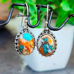 Spiny Oyster Copper Turquoise 925 Sterling Silver Earrings, Boho Antique Style