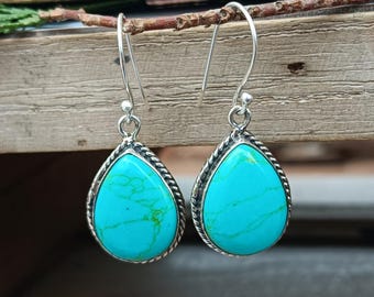 Kingman Mohave Turquoise Earring, 925 Sterling Silver, Dangle Earring, Pear Shape Gemstone, Gifts