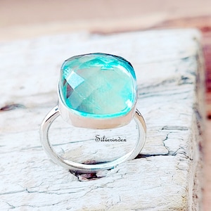Aquamarine Ring: Faceted Cushion-Cut, 925 Sterling Silver Band