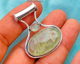 Pendentif ovale en préhnite, collier fait main en argent sterling