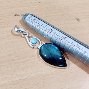 Tear Drop Labradorite Pendant, Two Gemstone Necklace, 925 Sterling Silver Pendant, Larimar Pendant, Handmade Pendant Jewelry, Gift For Her