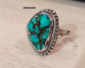 Designer Tibetan Turquoise Ring, 925 Sterling Silver, Handmade Gemstone Ring