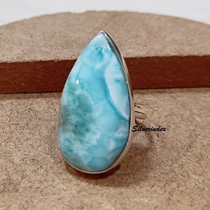Good-Looking Larimar Ring, Handmade Jewelry, Natural Stone, Women Ring, Pear Shape, Plane Band Ring, Beautiful Ring Gift For Friend