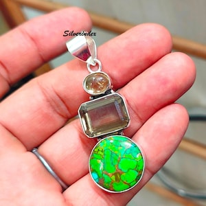 Green Copper Turquoise & Smoky Pendant, Handmade Pendant, 925 Sterling Silver Pendant, Citrine Gemstone Pendant, Designer Etsy Gift Pendant