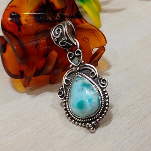 Good Looking Pear Shape Larimar Boho Sterling Silver Pendant, Larimar Designer Pendant, Blue Larimar Pendant, Larimar Pendant Gift For Women