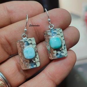 Natural Larimar Earring, 925 Sterling Silver Earring, Hammered Earrings, Statement Earring, Larimar Jewelry, Dainty Earring, Gifts for Her