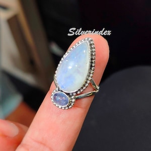 Tanzanite With Pear Moonstone Ring, 925 Silver Bohemian Ring, Handmade Moon Jewelry for Women, Thumb Ring, Split Band Pear stone Ring Gift