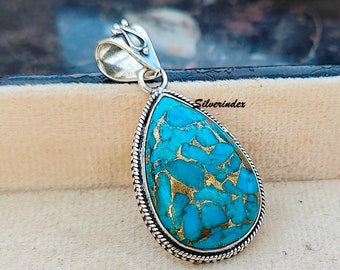 Pendentif Turquoise Et Argent 925 Fait Main - Jaspe - 2,5 Pouces - #P04302