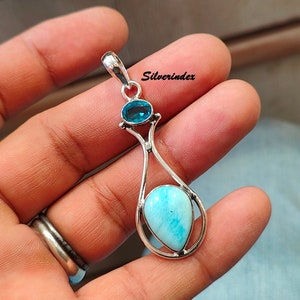 Larimar with Blue Topaz Pendant, 925  Silver Pendant, Two Stone Pendant,  Gemstone Pendant,  Silver Necklace, Larimar Pendant Gift For Her