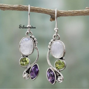 Moonstone Amethyst Peridot Sterling Silver Earrings: Boho Dangle
