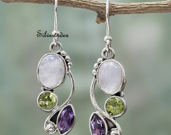 Moonstone Amethyst Peridot Sterling Silver Earrings: Boho Dangle