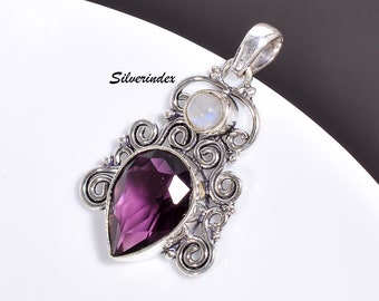 Pendentif fait main en argent sterling 925 avec améthyste et pierre de lune