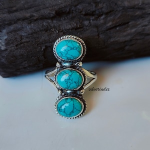 Handmade Turquoise Ring: 925 Sterling Silver Three Stone Band