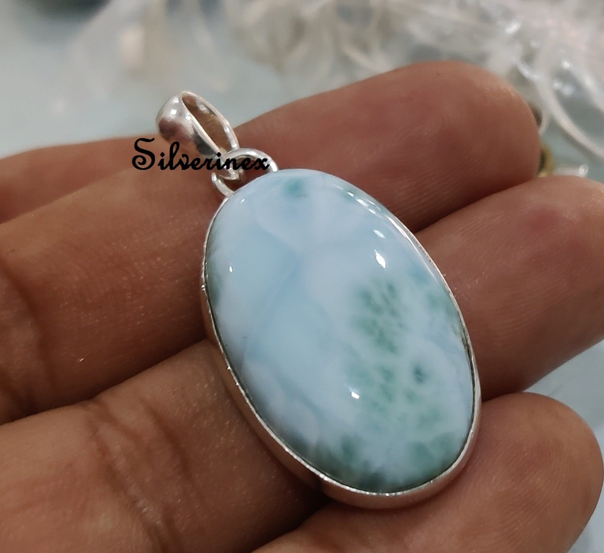 オーバルラリマーペンダント：925スターリングシルバーネックレス