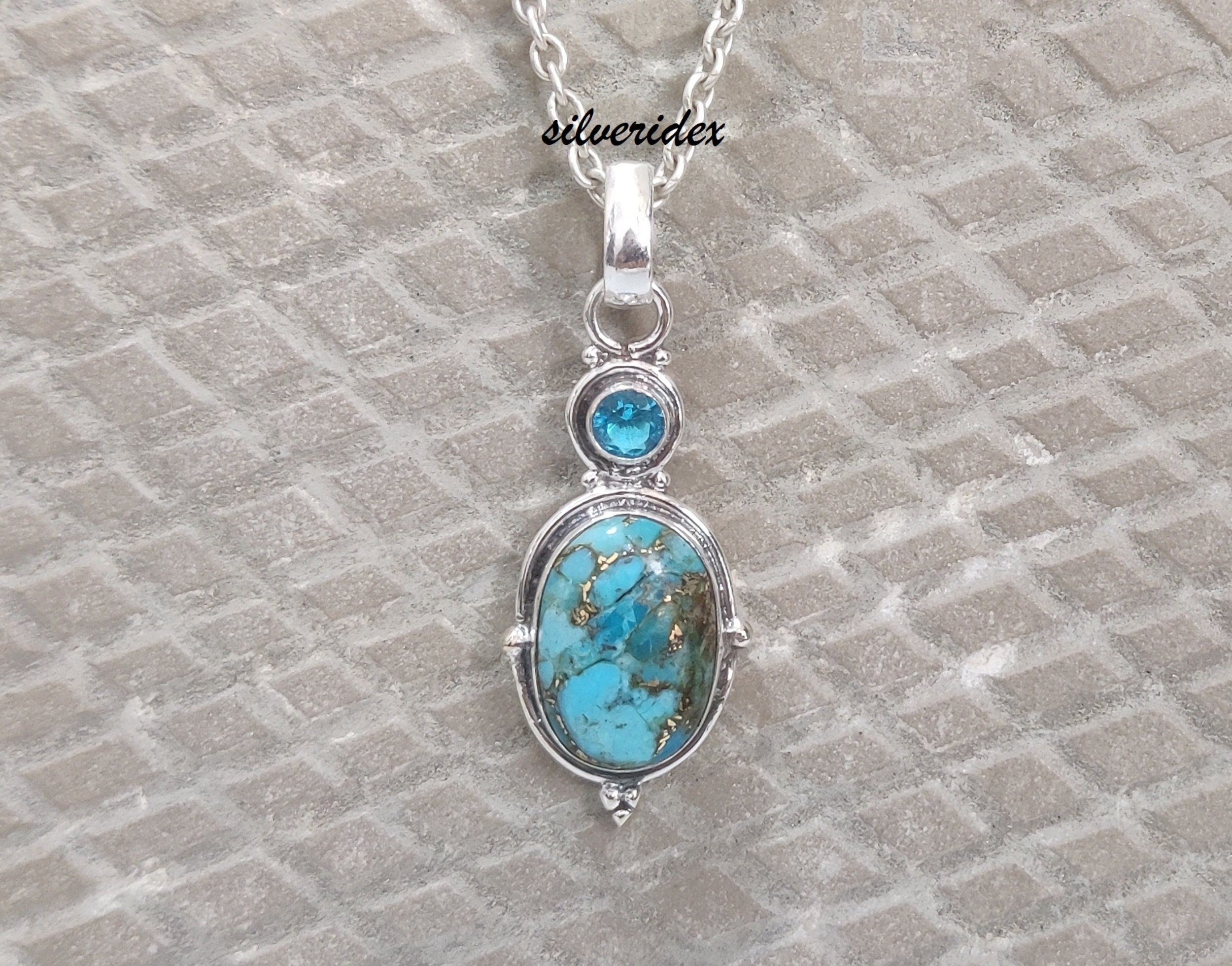 Copper Turquoise Pendant, 925 Sterling Silver Pendant